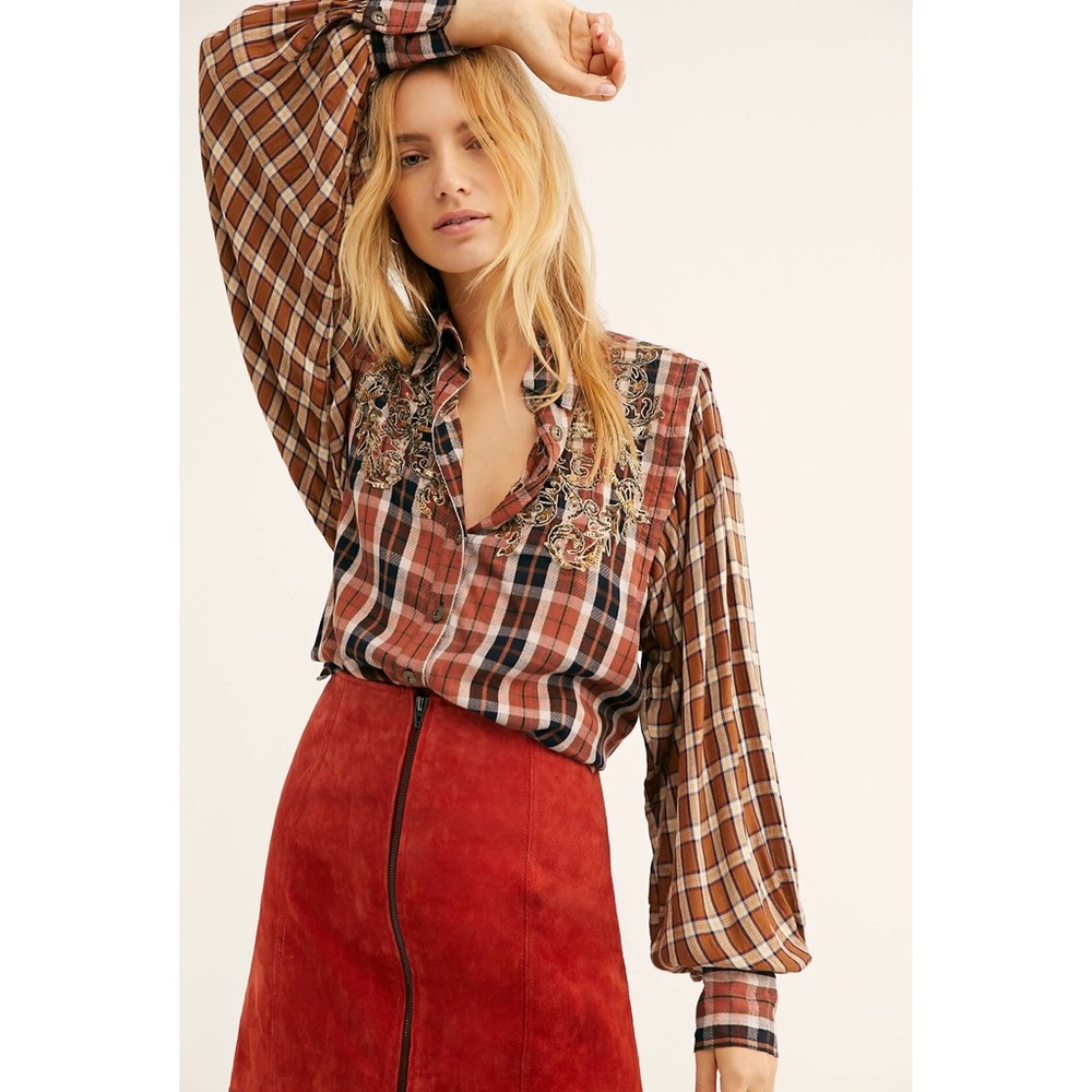 FREE PEOPLE snow mountain plaid sequin blouse